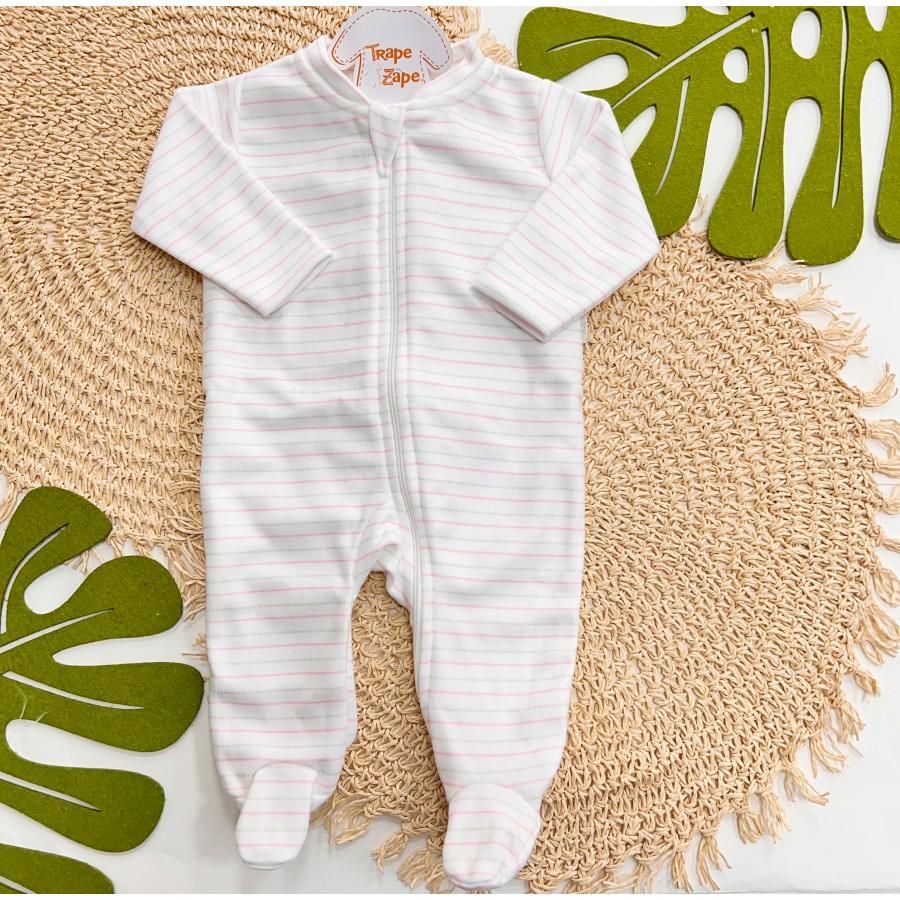 Macacão em Soft com Abertura em Zíper Listrado Rosa e Areia - Off White